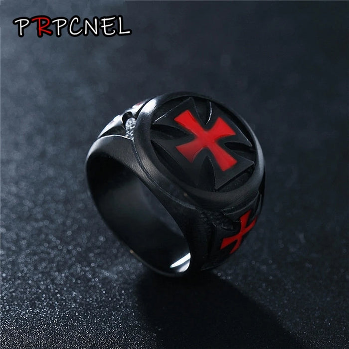 Men's Rings Black color Stainless Steel Red Armor Shield Knight Templar Crusader Cross Ring Punk Jewelry Drop Shipping