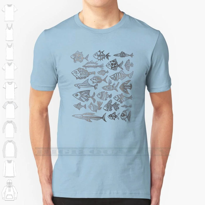 Silver Inked Fish 100% Cotton T Shirt Fish Watercolor Ocean Sea Scales Animals Mint Gold Turquoise Red Pink Duo India Ink