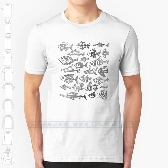 Silver Inked Fish 100% Cotton T Shirt Fish Watercolor Ocean Sea Scales Animals Mint Gold Turquoise Red Pink Duo India Ink