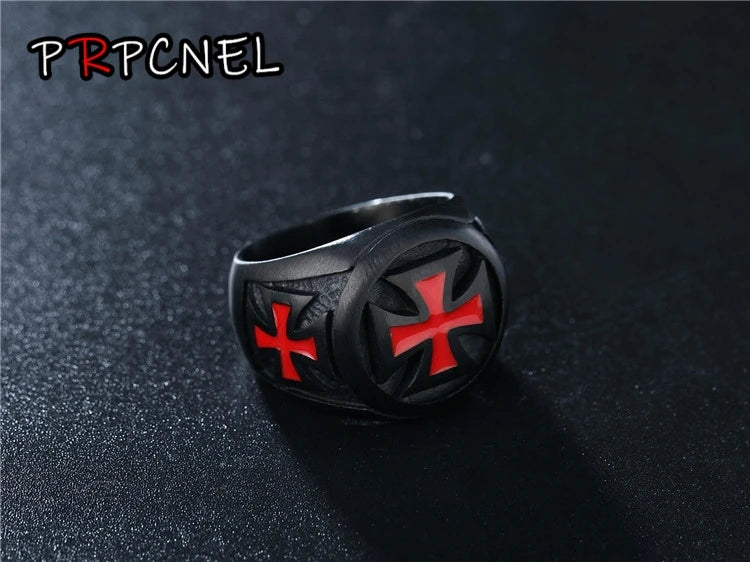 Men's Rings Black color Stainless Steel Red Armor Shield Knight Templar Crusader Cross Ring Punk Jewelry Drop Shipping