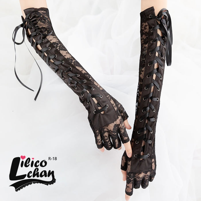 Black Lace Up Finger less steampunk Elbow Gloves