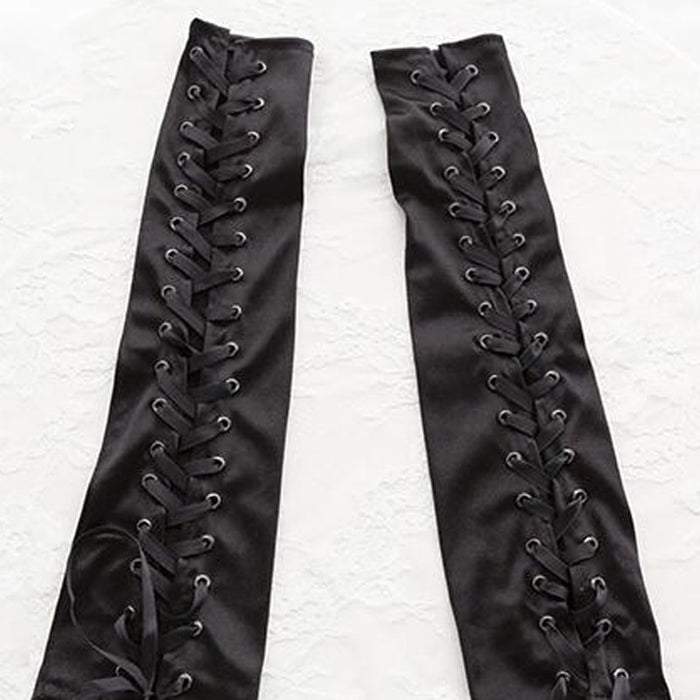 Black Lace Up Finger less steampunk Elbow Gloves