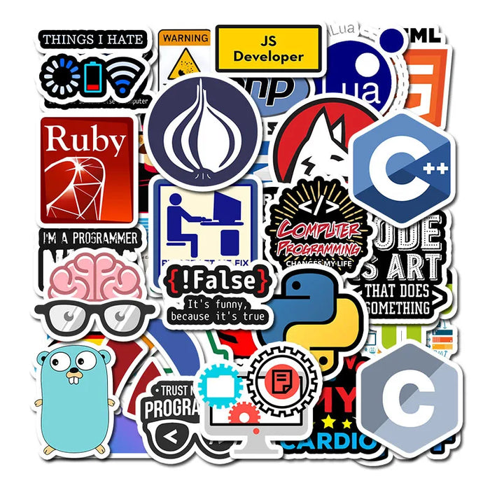 50 PCS Programming Language Stickers Internet Html Software Waterproof Sticker for Geek Hacker Developer to DIY Laptop Phone Car