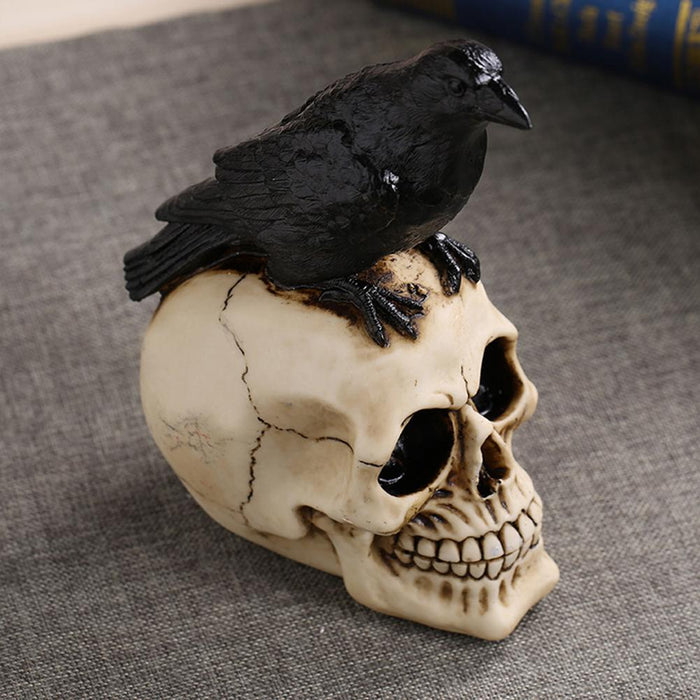 Raven On Skull Gothic Crow On Skull Statue