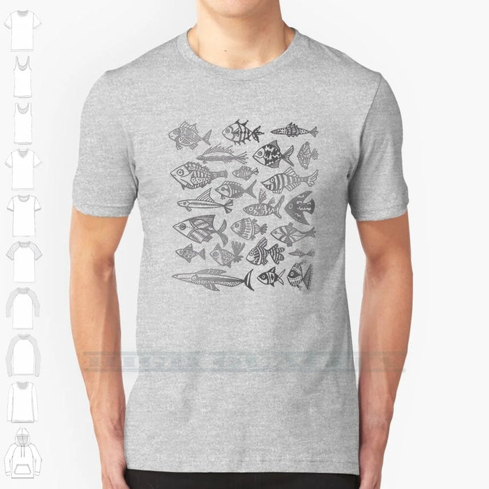 Silver Inked Fish 100% Cotton T Shirt Fish Watercolor Ocean Sea Scales Animals Mint Gold Turquoise Red Pink Duo India Ink