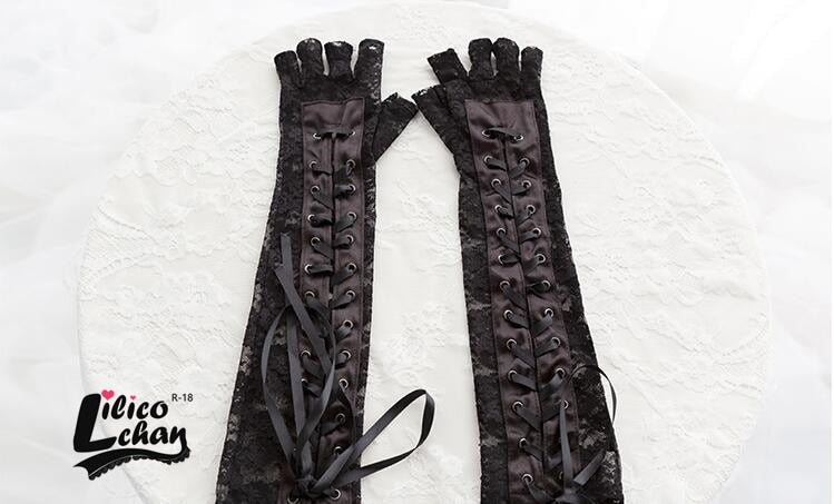 Black Lace Up Finger less steampunk Elbow Gloves