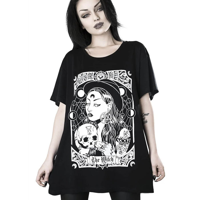 sunfiz YF Gothic Black Women O-Neck Short Sleeve Letter Skull Cat Printing Long T-shirt 2020 Summer Goth Punk Female Loose Tops