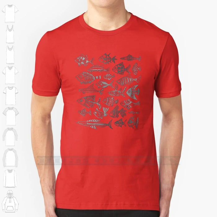 Silver Inked Fish 100% Cotton T Shirt Fish Watercolor Ocean Sea Scales Animals Mint Gold Turquoise Red Pink Duo India Ink