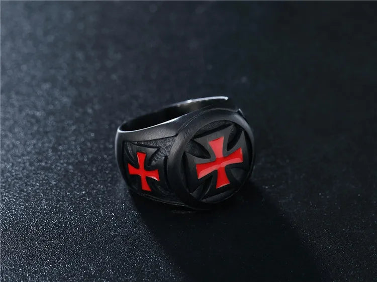 Men's Rings Black color Stainless Steel Red Armor Shield Knight Templar Crusader Cross Ring Punk Jewelry Drop Shipping