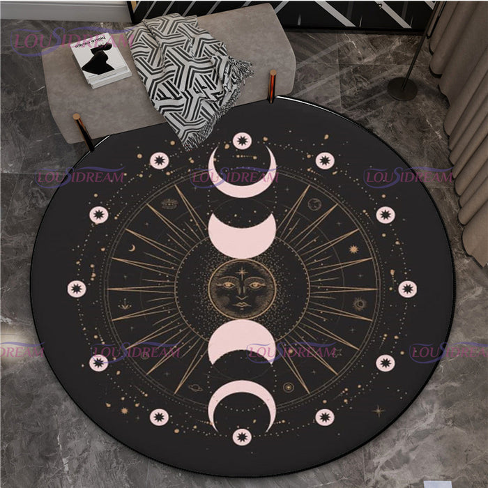 Gothic Triple Moon Goddess Pentagram Round Rug Mystic Sun Moon Black Cat Witch Round Rug Living Room Mats Yoga Round Rug