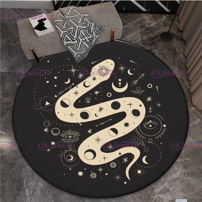 Gothic Triple Moon Goddess Pentagram Round Rug Mystic Sun Moon Black Cat Witch Round Rug Living Room Mats Yoga Round Rug