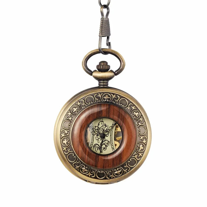 Solid Wood Mechanical Pocket Watch FOB Chain Locket Dial Hollow Steampunk Skeleton Men Women Mens Male Clock Watches Box Package