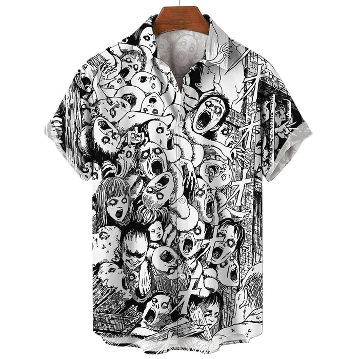 Summer Men's 3D Printed Horror Pattern Shirt Hawaiian Fashion Designer Tops Streetwear Clothes Gothic Short Sleeve Button