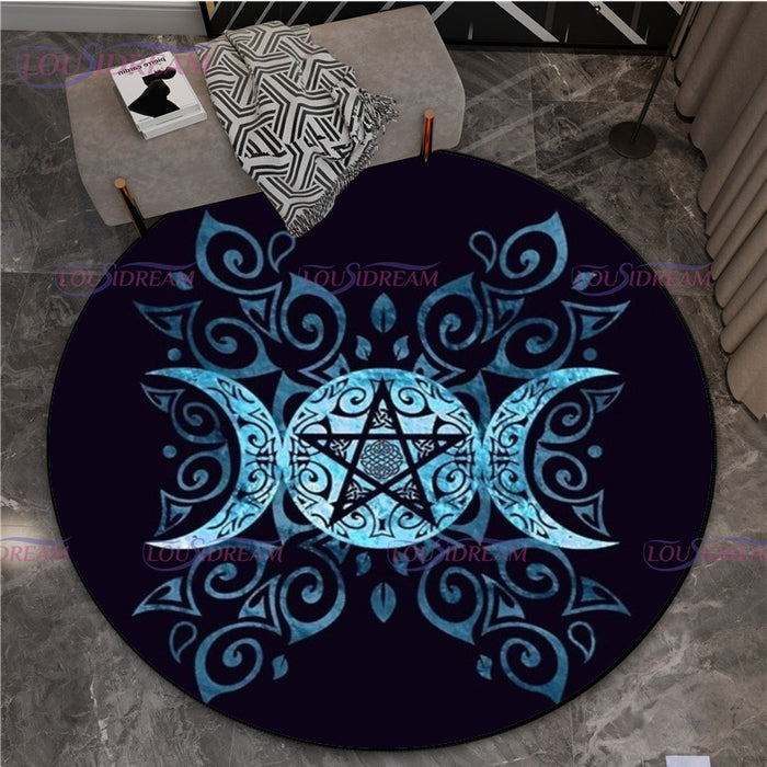 Gothic Triple Moon Goddess Pentagram Round Rug Mystic Sun Moon Black Cat Witch Round Rug Living Room Mats Yoga Round Rug