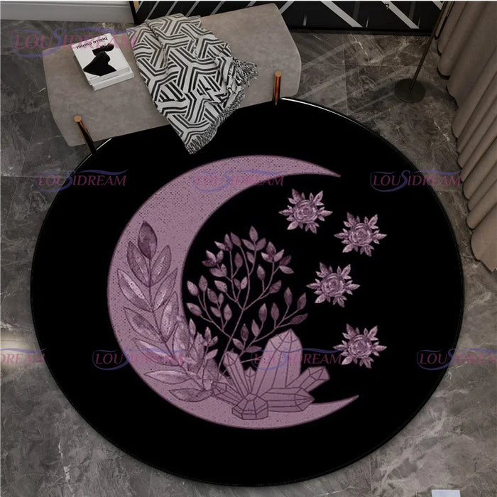 Gothic Triple Moon Goddess Pentagram Round Rug Mystic Sun Moon Black Cat Witch Round Rug Living Room Mats Yoga Round Rug