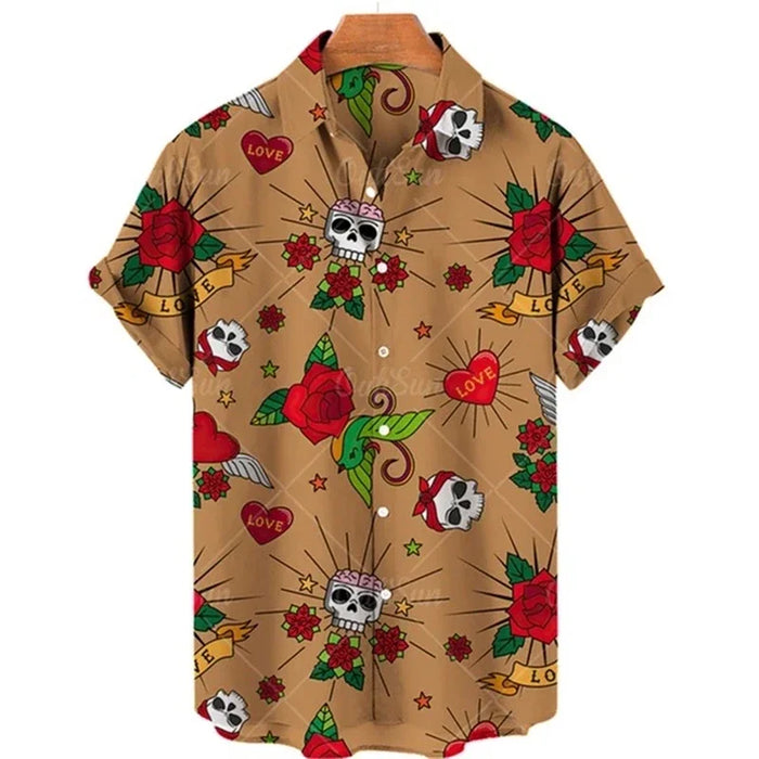 Men's shirt button up shirt summer shirt skull short sleeved V-neck fashion designer casual, comfortable and breathable