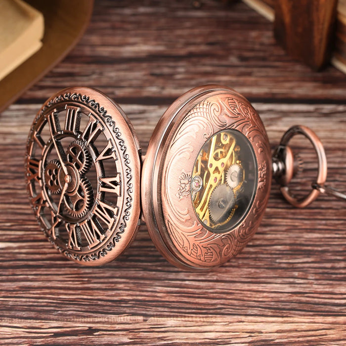 Vintage Mechanical Pocket Watches Hand Winding/Automatic Mechanical Pocket Pendant Chain Red Copper Timepiece Gift Clock Men