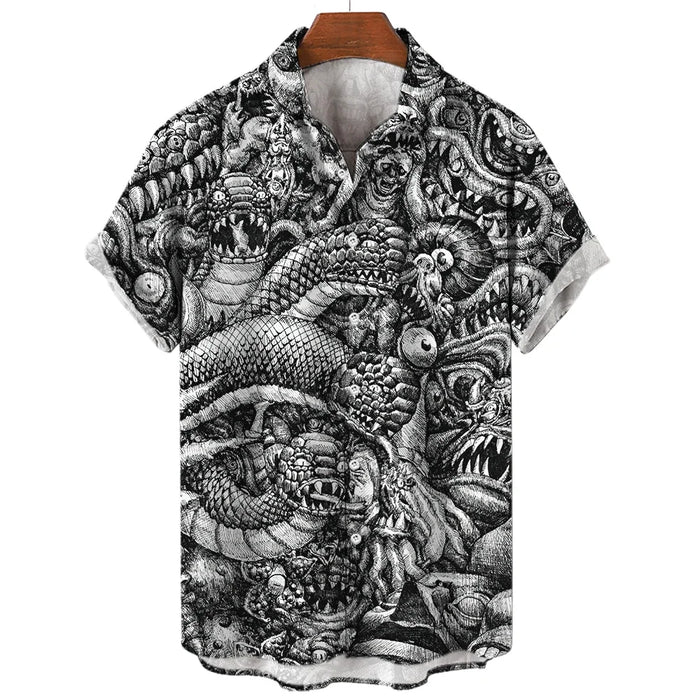 Summer Men's 3D Printed Horror Pattern Shirt Hawaiian Fashion Designer Tops Streetwear Clothes Gothic Short Sleeve Button