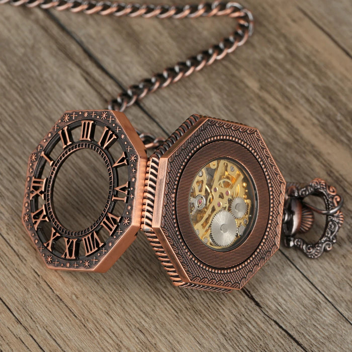 Vintage Mechanical Pocket Watches Hand Winding/Automatic Mechanical Pocket Pendant Chain Red Copper Timepiece Gift Clock Men