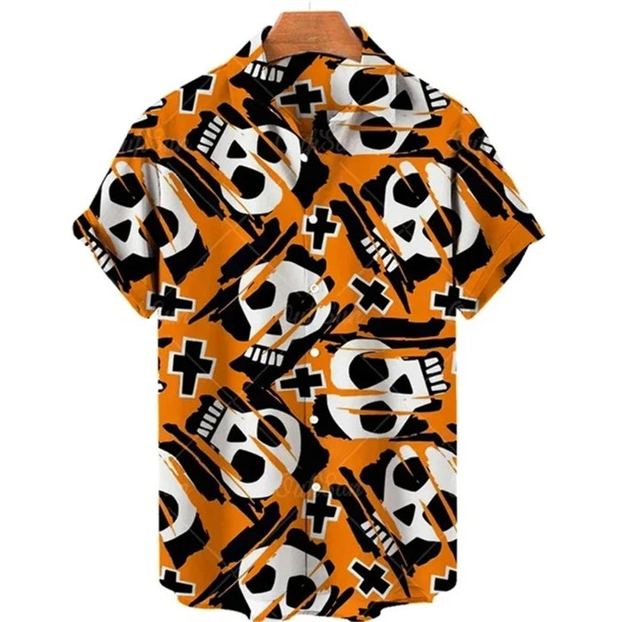 Men's shirt button up shirt summer shirt skull short sleeved V-neck fashion designer casual, comfortable and breathable