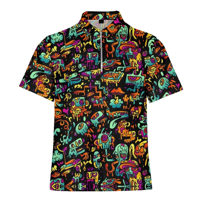 Cartoon Monster Graffiti Printed Summer Men's Zipper Collar Polo Shirts Casual Oversized Short Sleeve Fashion Tops Men Clothing