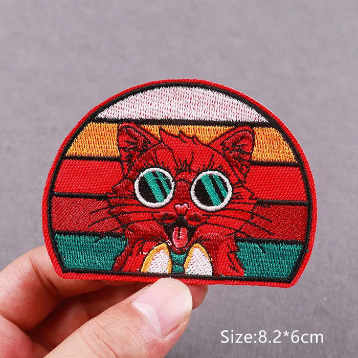 Hippie Cat Embroidered Patches For Clothing Thermoadhesive Patches Outdoor Wave Wolf Patch Iron on Patch on Clothes Applique DIY