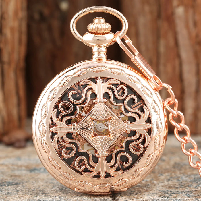 Vintage Mechanical Pocket Watches Hand Winding/Automatic Mechanical Pocket Pendant Chain Red Copper Timepiece Gift Clock Men