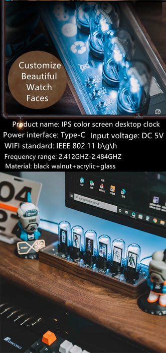 Cyberpunk Desktop Clock IPS Electronic Digital Nixie Clock Modern Editable Display Pictures Multifunction Nixie Tube Clock