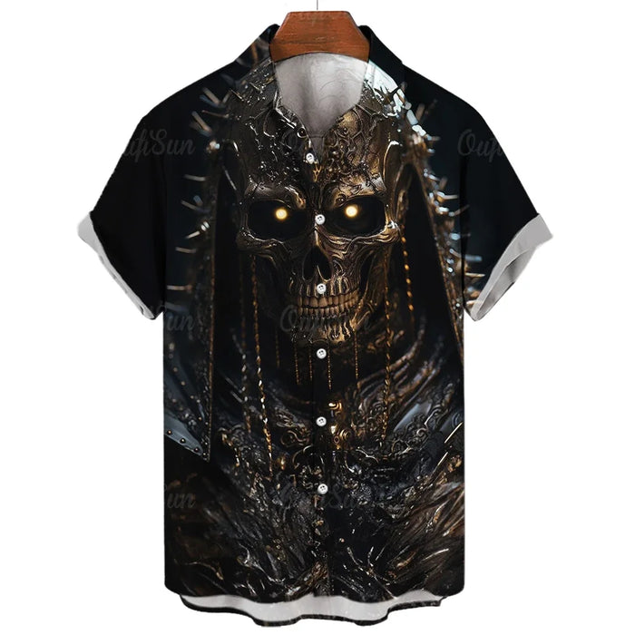 New men's shirt skull horror 3D printed men's short-sleeved cardigan top fashionable casual men's short-sleeved shirt