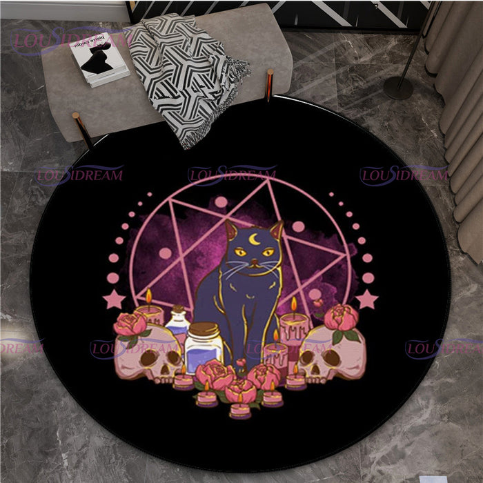 Gothic Triple Moon Goddess Pentagram Round Rug Mystic Sun Moon Black Cat Witch Round Rug Living Room Mats Yoga Round Rug