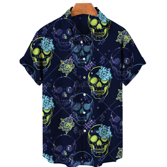 Funny Skull 3D Printed Shirt Man/Women Casual Fashion Short Sleeves Shirts Men Button Lapel Streetwear Oversized Unisex Clothing