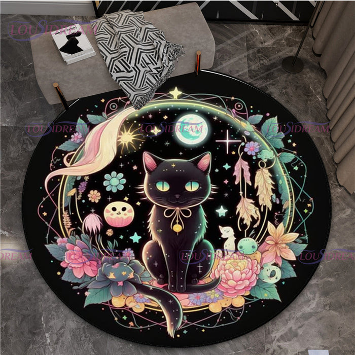 Gothic Triple Moon Goddess Pentagram Round Rug Mystic Sun Moon Black Cat Witch Round Rug Living Room Mats Yoga Round Rug