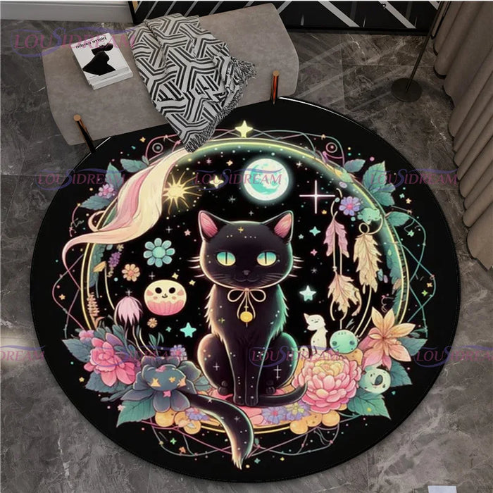 Gothic Triple Moon Goddess Pentagram Round Rug Mystic Sun Moon Black Cat Witch Round Rug Living Room Mats Yoga Round Rug