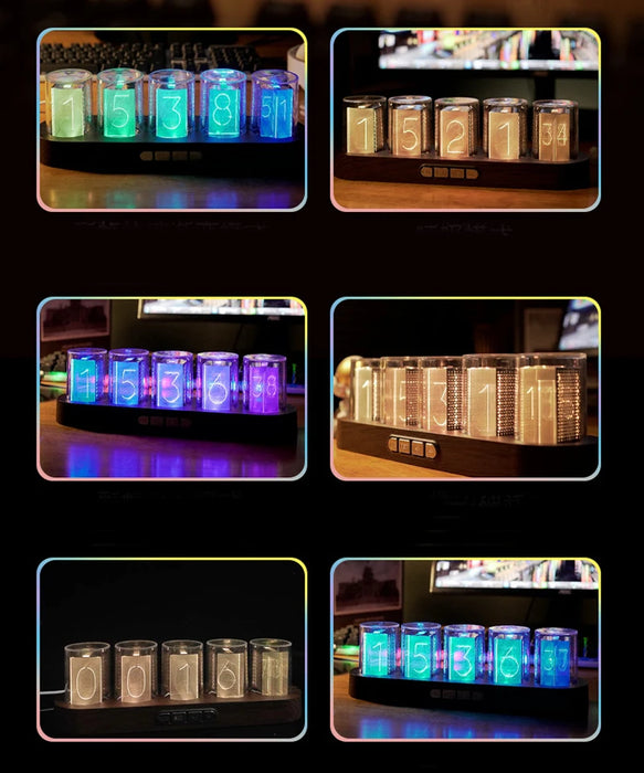 Digital Nixie Tube Clock with RGB LED Glows for Gaming Desktop Decoration. Luxury Box Packing for Gift Idea.