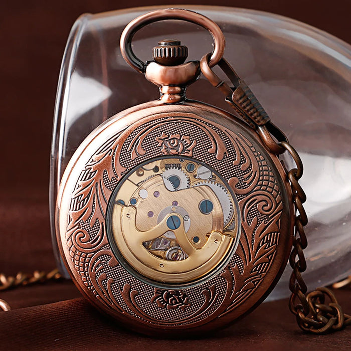 Vintage Mechanical Pocket Watches Hand Winding/Automatic Mechanical Pocket Pendant Chain Red Copper Timepiece Gift Clock Men