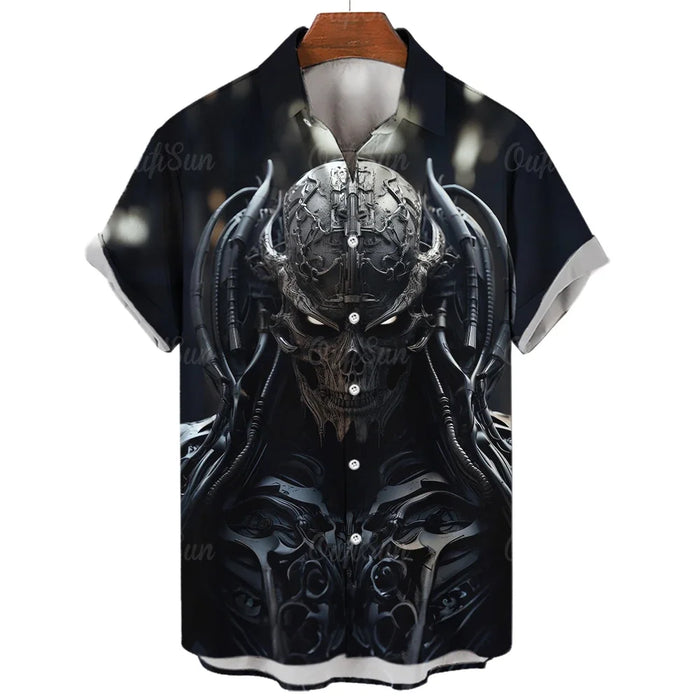 New men's shirt skull horror 3D printed men's short-sleeved cardigan top fashionable casual men's short-sleeved shirt