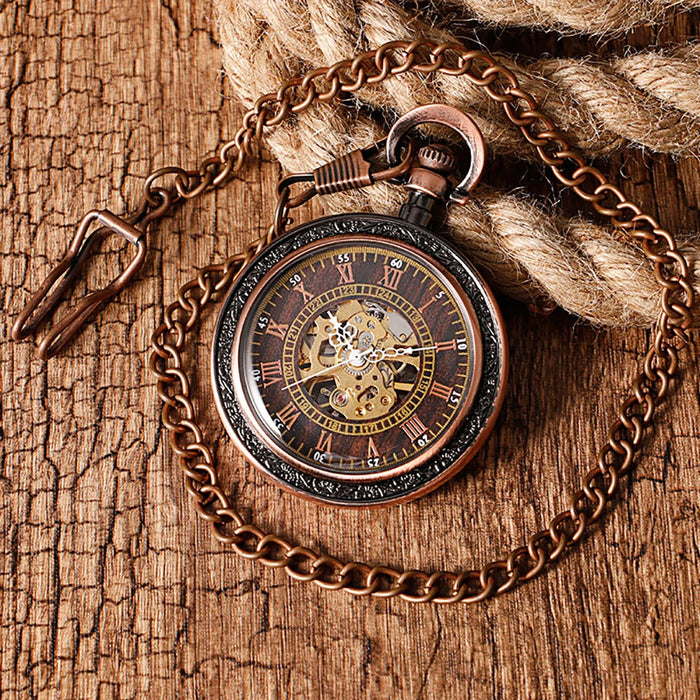 Vintage Mechanical Pocket Watches Hand Winding/Automatic Mechanical Pocket Pendant Chain Red Copper Timepiece Gift Clock Men