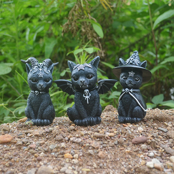 Halloween Decorative Figurine Garden Witch Cat Sculpture Gothic Kitten Statue Black Magic Cat Owl Ornament Wizard Cute Miniature