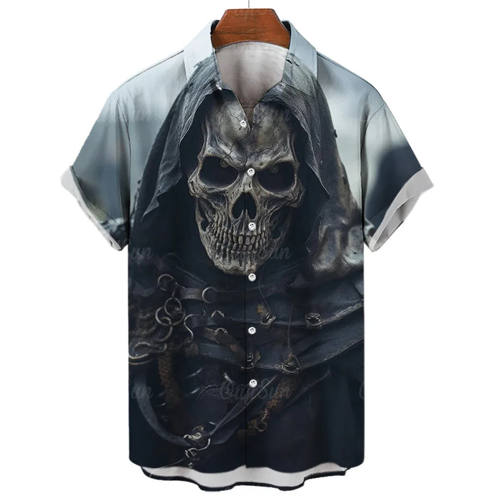 New men's shirt skull horror 3D printed men's short-sleeved cardigan top fashionable casual men's short-sleeved shirt