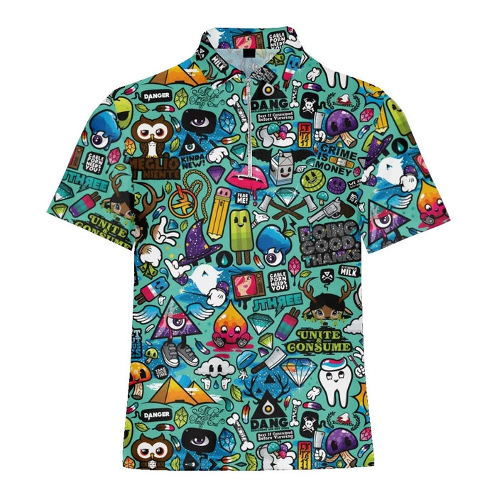 Cartoon Monster Graffiti Printed Summer Men's Zipper Collar Polo Shirts Casual Oversized Short Sleeve Fashion Tops Men Clothing