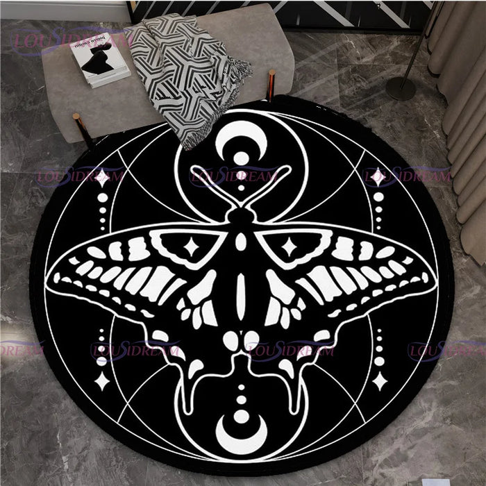 Gothic Triple Moon Goddess Pentagram Round Rug Mystic Sun Moon Black Cat Witch Round Rug Living Room Mats Yoga Round Rug