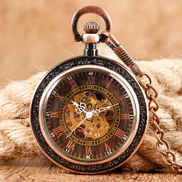 Vintage Mechanical Pocket Watches Hand Winding/Automatic Mechanical Pocket Pendant Chain Red Copper Timepiece Gift Clock Men