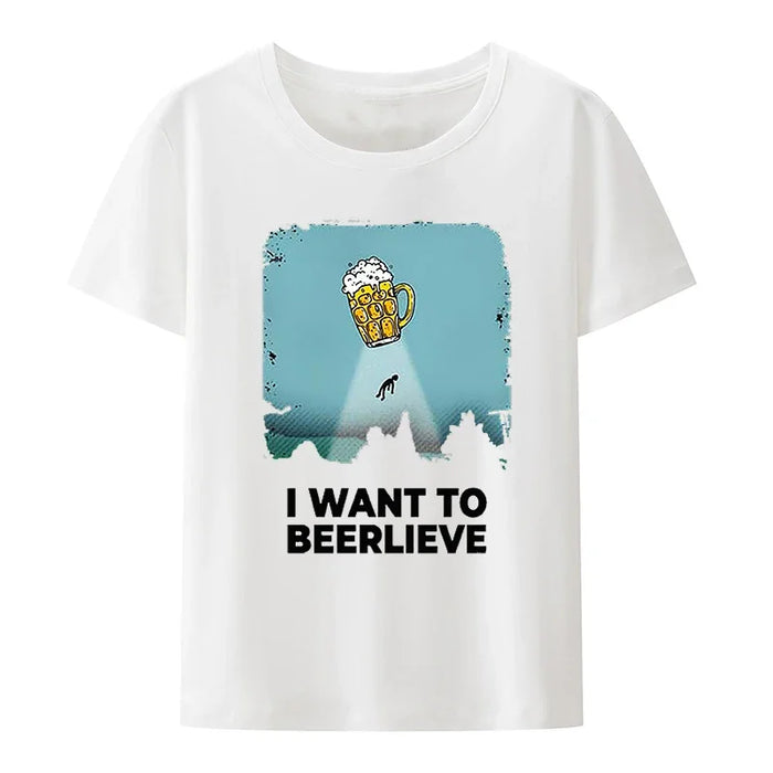 I Want To Beerlieve Men Tees Humor Beer Drinking Alien Abduction UFO Graphic T Shirts Women Tops Casual Streetwear Camisetas