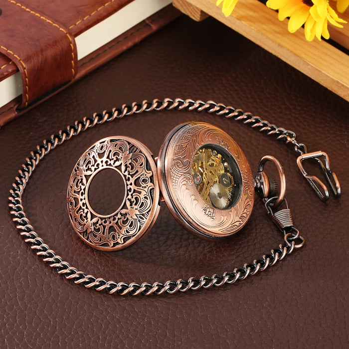 Vintage Mechanical Pocket Watches Hand Winding/Automatic Mechanical Pocket Pendant Chain Red Copper Timepiece Gift Clock Men