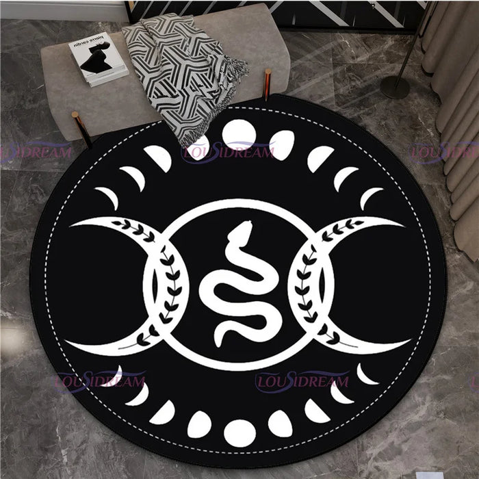 Gothic Triple Moon Goddess Pentagram Round Rug Mystic Sun Moon Black Cat Witch Round Rug Living Room Mats Yoga Round Rug