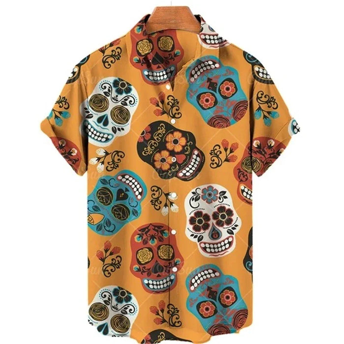 Men's shirt button up shirt summer shirt skull short sleeved V-neck fashion designer casual, comfortable and breathable