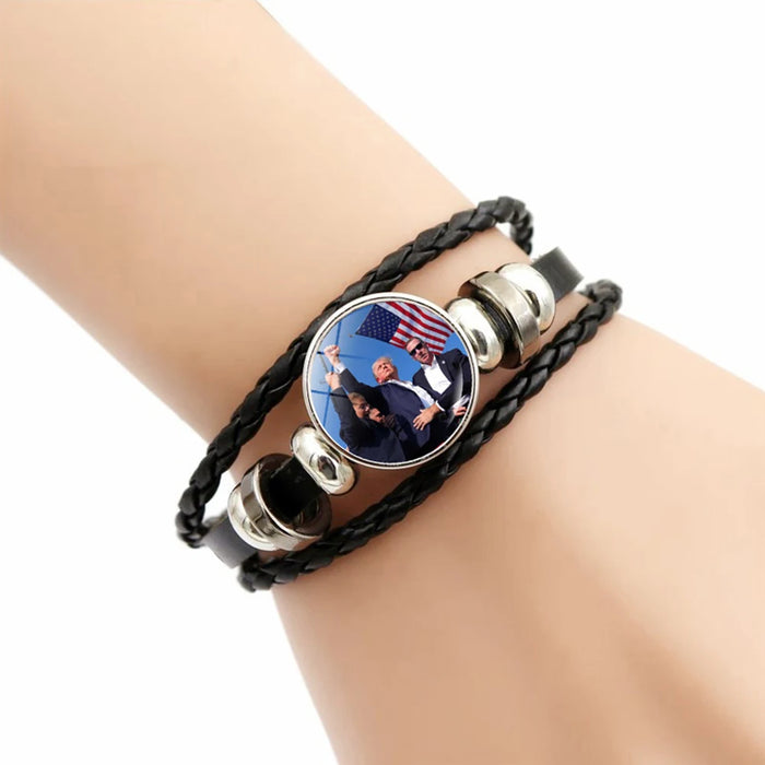 Trump 2024 Bracelet Leather Bracelet Adjustable Braided Bracelet Souvenir USA Flag Bead Bracelet for Men Women Charm