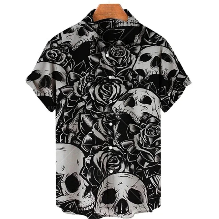 Men's shirt button up shirt summer shirt skull short sleeved V-neck fashion designer casual, comfortable and breathable