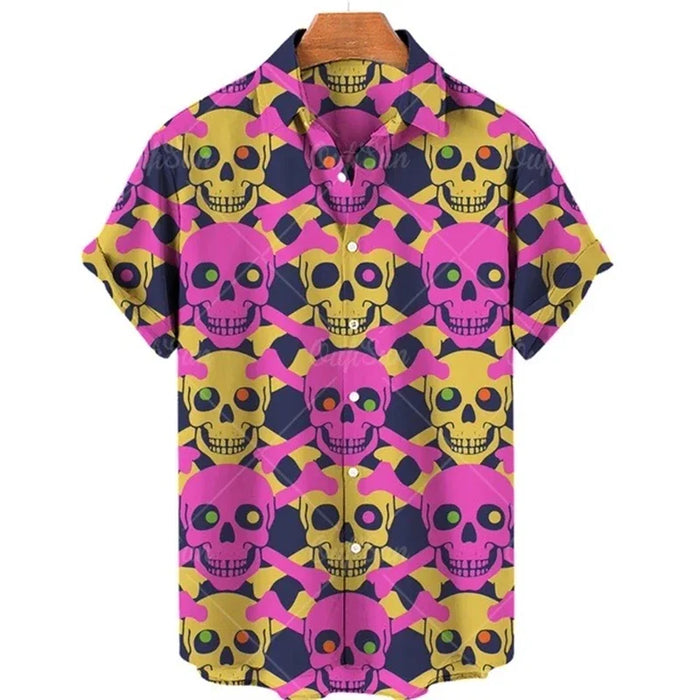 Men's shirt button up shirt summer shirt skull short sleeved V-neck fashion designer casual, comfortable and breathable