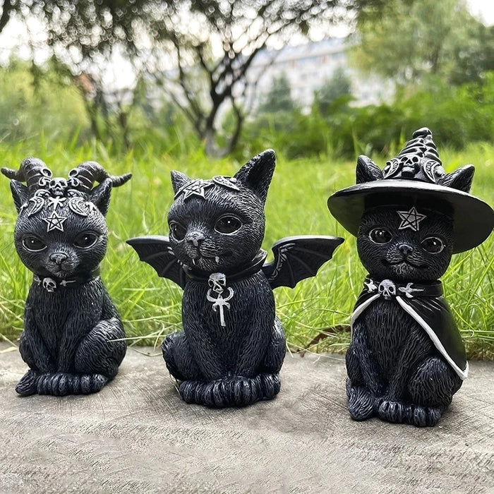 Halloween Decorative Figurine Garden Witch Cat Sculpture Gothic Kitten Statue Black Magic Cat Owl Ornament Wizard Cute Miniature